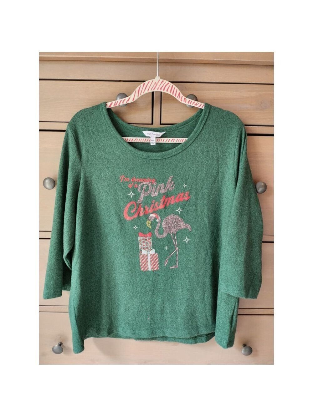 Pink Flamingo Christmas fleece top Size PXL Green long-sleeved